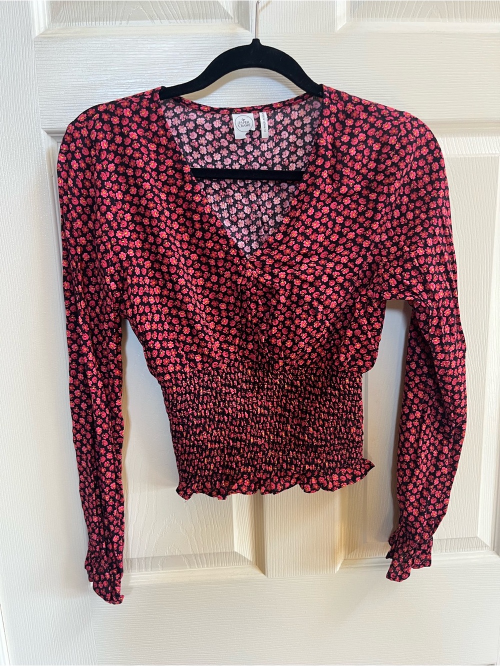 Paper Crane Black and Pink Floral Smocked-Waist V-Neck Blouse